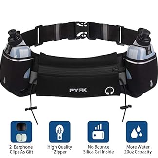 PYFK Running Belt with Water Bottles and Pockets Features: 2 Earphone Clips, High-Quality Zipper, No Bounce Silica Gel Inside, 20 oz Water Capacity