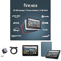 Fire HD 8 Essentials Bundle including Fire HD 8 Tablet (Twilight Blue, 32GB) Ad-Supported, Amazon Standing Case (Twilight Blue), Nupro Clear Screen Protector, and 15W fast charger