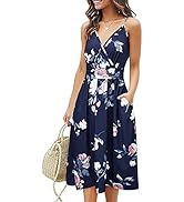 KILIG Women Summer Casual Spaghetti Strap Dresses V Neck Wrap Midi Swing Sundress with Pockets