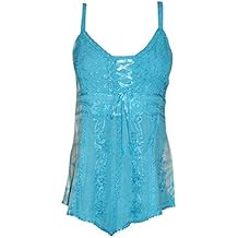 Mogul Interior Women's Tank Top Sky Blue Embroidered Spaghetti Boho Chic M