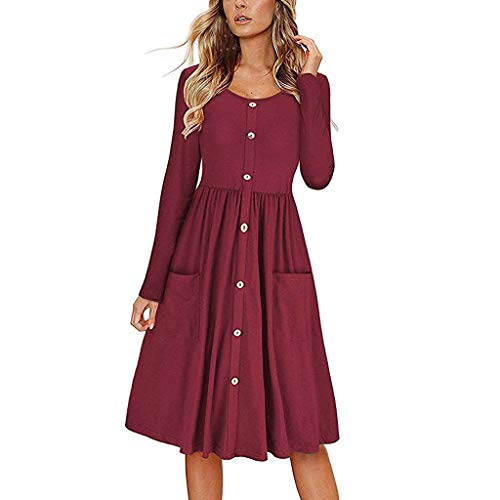 Witspace Women's Long Sleeve Round Neck Button Down Swing Midi Dress Pockets Dress - Thumbnail 6