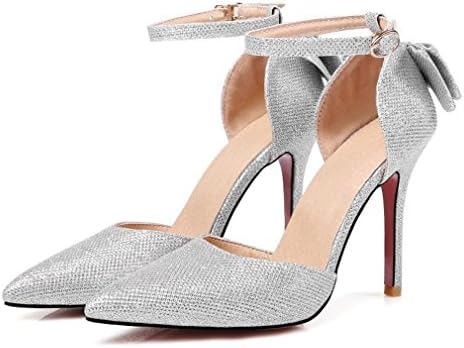 Xianshu Women's Bow Tie High Heel Shoes Satin Ankle Strap Pointes Toe Pumps Stiletto Court Shoes