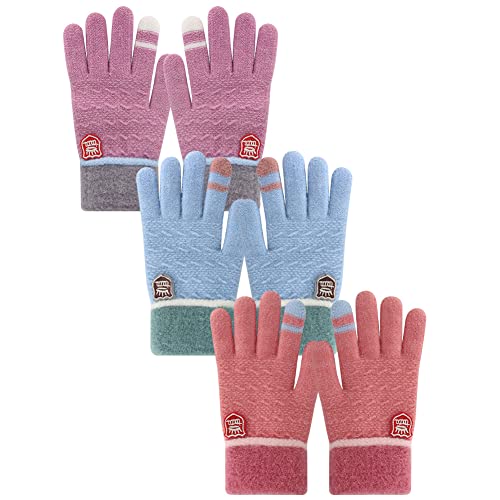 PKWEEN Winter Gloves for Toddler Kids - 3 Pairs Boys Girls Soft Warm Wool Lined Gloves Full Finger Children Knit Gloves
