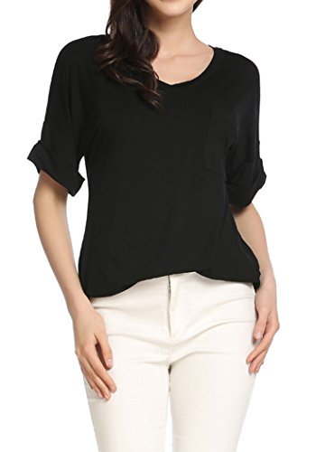 Locryz Women's Casual Basic V Neck T-Shirt Roll Over Short Sleeve Solid Comfy Tee Blouse Tops(L, Black)