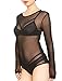 May&Maya Women's Sexy Sheer Mesh Long Sleeve Bodysuit (M, Black)