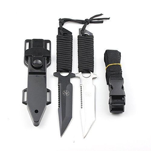 Efanr Survival Fixed Blade Hunting Knife Stainless Steel Protective Nylon Sheath Included Ultimate Outdoor Serrated Tactical Sharp Knife, Two-Tone Tanto Blade, Black Cord-Wrapped Handle (A)