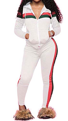 TOP-MAX Women 2 Pieces Tracksuit Ladies Zipper Playsuits Sportswear Strip Hooded Zip up Sweatshirt Hoodies + Pants Trousers