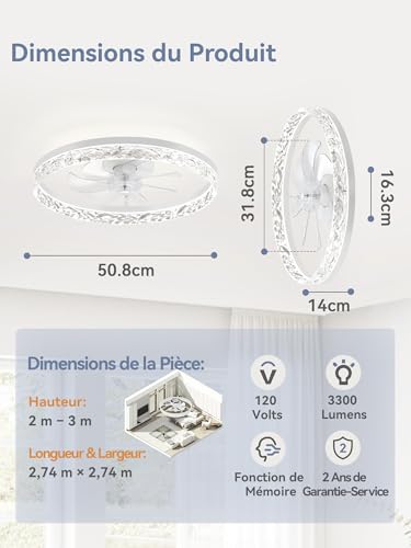 ZMISHIBO Ceiling Fan, Ø50.8 cm, Led 3000K-6500K Dimmable 10%-100%, Ceiling Fan with Light, 6 Speed, Quiet, Timer, App & Remote Control, Modern