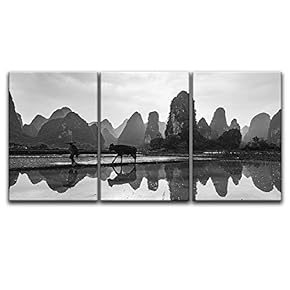 3 Panel Canvas Wall Art - Farmer Leading a Cow on The Rice Farmland in Mountains - Giclee Print Gallery Wrap Modern Home Art Ready to Hang - 16"x24" x 3 Panels