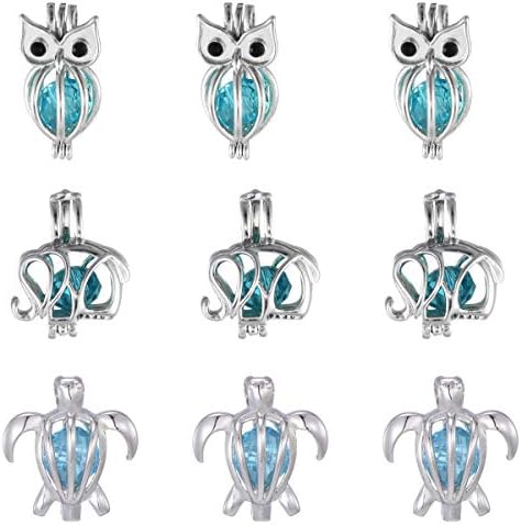 9 Pcs Lucky Owl Elephant Turtle Pearl Bead Cages Pendant Bulk -Aromatherapy Charms for Bracelet Necklace Jewelry Making Kids Summer Gift