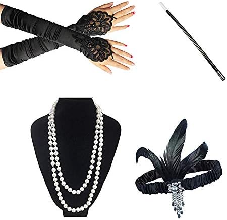InnoBase 1920s Accessories Set Great Gatsby Flapper Costume for Women Feather Headband Pearl Necklace Lace Gloves Black Cigarette Holder Accessories (C04)