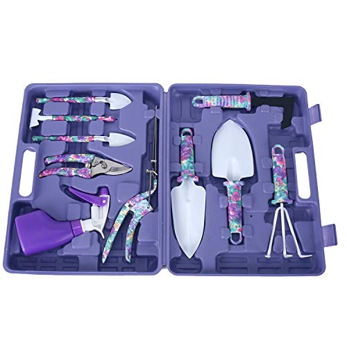 YaeGarden 10 Pcs Garden Tools Set 10 Pieces Portable Stainless Steel Gardening Tools Sets Gardening Tools Gift Kit with Trowel Pruner Rake Shovel Grass Shear Watering Can Bag Tote