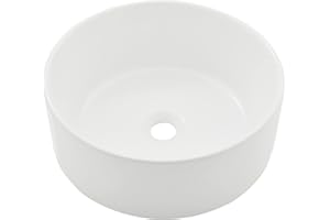 White Round Vessel Sink, BoomHoze 16"x16" Modern Countertop Circle White Porcelain Ceramic Bathroom Sink Above Counter Art Washing Basin