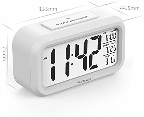 Morning Alarm Clock, Superway Morning Call Home Smart Light Table Desk Calendar LED Digital Travel Alarm Clock Date Display Repeating Snooze and Sensor Light + Night Light + Temperature - White