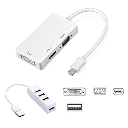Zodiac Mini DisplayPort Thunderbolt 2 to HDMI/DVI/VGA Male to Female Adapter Convertor and 4 x USB 2.0 Hub Combo - White