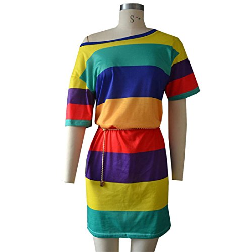 Dress-Han Shi Women Summer Striped Print Short Sleeve Crew Neck Sundress (Multicolor, XL)