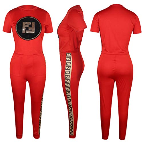 Women Two Piece Outfits - Short Sleeve Summer Sweatsuit Jogging Suit Pants Set Activewear Red L