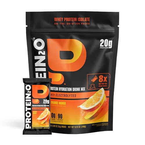 Protein2o 20g Whey Protein Isolate Clear Protein Powder, 370mg of Electrolytes, Vitamins B5 & B6, Sugar Free, Orange Mango, 8-Pack