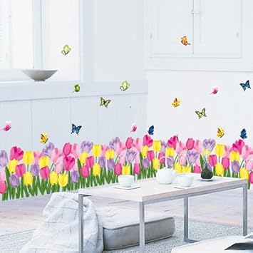 Amazon ノーブランド品 かわいい チューリップと 蝶々 お花畑風 ウォールステッカー ノーブランド品 ウォールステッカー