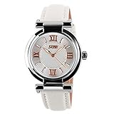 Tradekmk Women's Girls Watches Japanese-Quartz PU Leather Strap Waterproof Multi-Function Sports Watch (White)