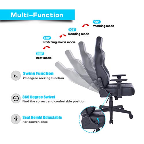 Blue Whale Gaming Chair with Massage Lumbar Pillow, PC Computer Video Game Racing Chair Reclining Executive Ergonomic Office Desk Chair with Headrest BW/291Black