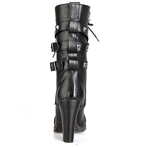 Susanny Women's Mid Calf Leather Boots Chic High Heel Lace Up Military Buckle Motorcycle Cowboy Black6 Ankle Booties 4.5 B (M) US - Thumbnail 4