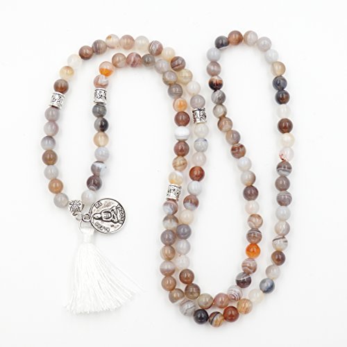 Mala Beads Bracelet, Buddhist Mala Prayer Beads, Buddha Bless Me Statement Necklace (Botswana Agate)