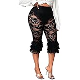 RoseSeek Women's Plus Size Lace Ruffle Layered Capri Pants High Waisted Sheer Cropped Leggings Trousers