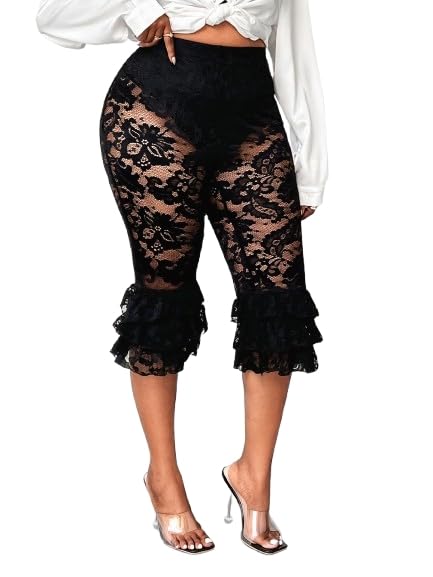 Photo 1 of RoseSeek Women's Plus Size Lace Ruffle Layered Capri Pants High Waisted Sheer Cropped Leggings Trousers Black XX-Large Plus