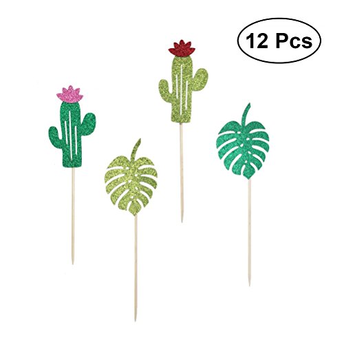 JANOU Green Cactus Tropical Palm Leaves Glitter Cake Toppers Cupcake Picks Cake Decoration for Wedding Birthday Luau Party Decoration Pack 12pcs