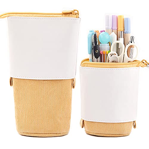 Friinder Telescopic Pencil Bag Pen Holder Stationery Case, PU Corduroy Stand-up Retractable Transformer Bag Colorful Organizer, Great for Christmas Holiday (Yellow)