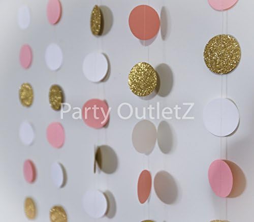 5 Piece Circular Dot Garlands (each 6.5 feet): Birthday/Baby Shower/Bridal Shower Party Decorations - Pink, Gold, and White