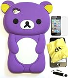 BUKIT CELL (TM) PURPLE Bear 3D Cartoon Soft Silicone Skin Case Cover for IPOD TOUCH 4 4G 4TH GENERATION + Free Screen Protector + Free METALLIC Detachable Touch Screen STYLUS PEN with Anti Dust Plug [bundle - 4 items: case, cloth, stylus pen and screen protector]