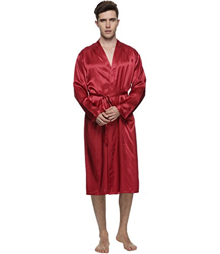 FAYBOX Men Satin Robe Long Bathrobe Lightweight Sleepwear RED M