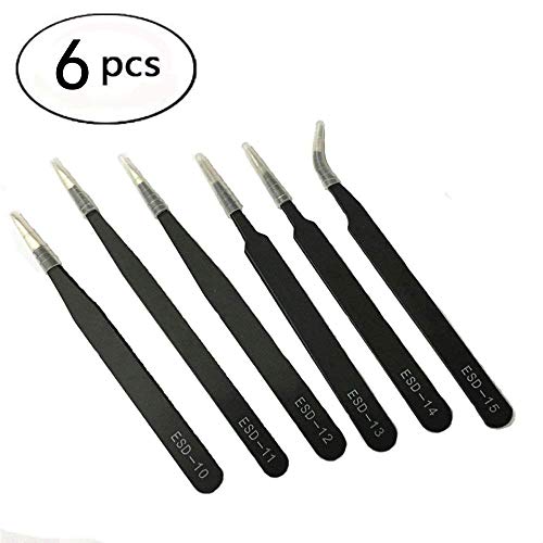 6 Pcs ESD Tweezers set|GDGY Professional Stainless Steel Slant Tip Tweezerï¼ŒPrecision Sharp Tweezers-Steel Pointy Ends Meet Perfectlyï¼ŒBeauty Eyebrow Tweezers-Yellow PVC packaging