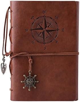 ITECHNIK Leather Writing Journal Notebook,7 Inches Refillable Classic Embossed Diary Sketchbook with Retro Pendants, For Travelers Use (Blown)