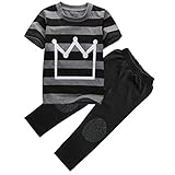 Little Boys Short Sleeve Striped Crown Print T-shirt and Pants Outfit