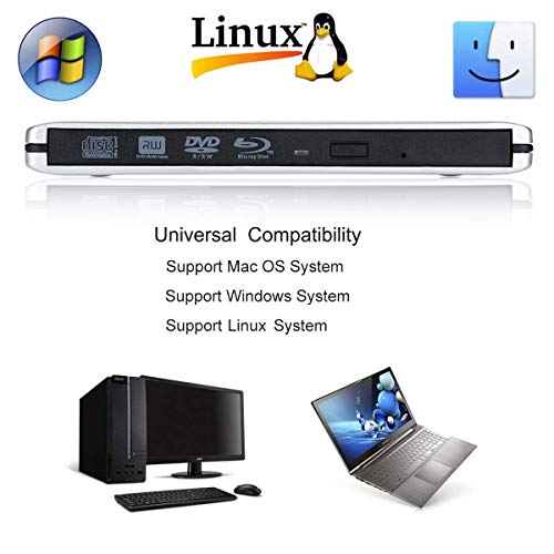 USB 3.0 Blu-ray Player/DVD Drive/DVD Burner with 3D 4K Blu-ray Disc Player,Portable USB 3.0 Blu Ray DVD Burner Player Writer Reader Disk for Laptop, Windows 7/8/10,Linxus,Mac OS (Silver)