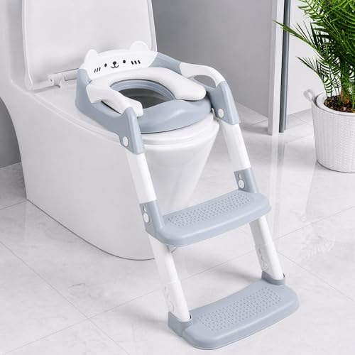 Adaptador Wc Niños - Reductor Wc Niños - Pedal Ampliado y Antideslizante | Fácil de Montar y Guardar | Altura Ajustable | Protector Antisalpicaduras | Asa | para Niños Niñas en el Baño - Gris