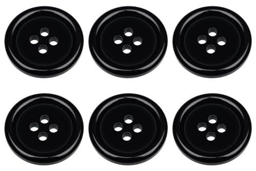 Pack of 6 Black Sew on 20mm Round Buttons Flat 4 Holes 32L 32 Ligne