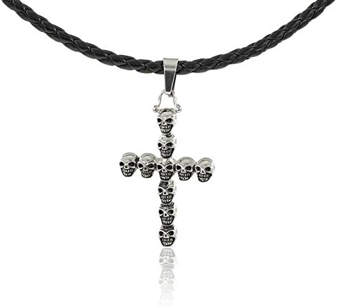 Mens Stainless Steel Skull Cross Gothic Pendant Necklace on 18 Inch Braided Black Leather Cord