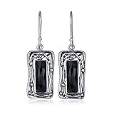 Ornate Rectangle 925 Sterling Silver & Faceted Black Onyx Gemstone Dangle Earrings with French Wire Hooks