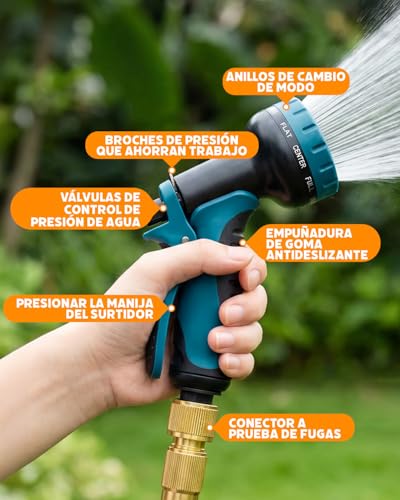 Evviee Manguera Jardin Extensible, Manguera Extensible 30 Metros con 10 Boquillas de Patrón de Pulverización Conector de Latón Tela 3750D Manguera, Adaptadores de 1/2" y 3/4" para Jardinería