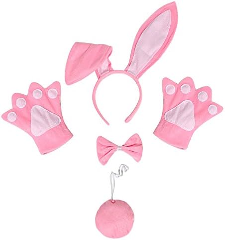 Festivous Wishel Rabbit Bunny Ears Headband Tail Bow Tie Paws Set Christmas Holloween Cosplay Costume Accessory