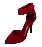 Delicious Women's Aveta Pointy Toe High Heel Pump with Ankle Strap Buckle in Red Nubuck Leatherette