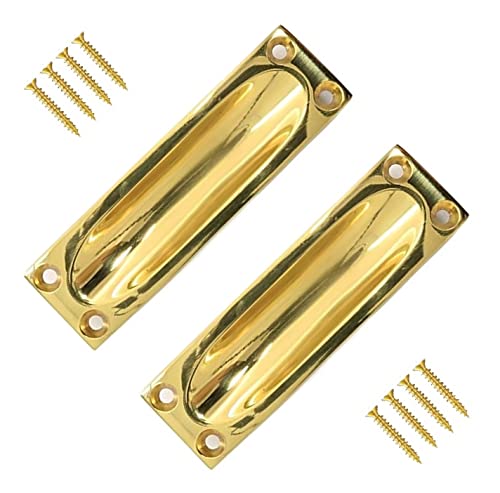 TERF® Traditional Vintage Polished Brass Flush Pull Door Handle 90mm Sliding Door Flush Handle with Fixing Screw for Drawer Cabinet Wardrobe Sliding Door and Multi Use - Pack of 2 — image 1