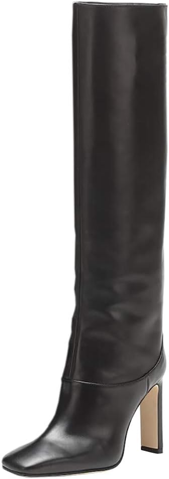 aznz Women Fashion Pull On Knee Boots Square Toe High Heel Long Boots Shoes Four Colors