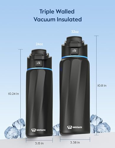 WATERH Boost Smart Water Bottle that Reminds You to Drink, BPA-Free Stainless Steel Vacuum Insulated Bottle, Wide Mouth Water Tracker Bottle with APP, Ideal for Father's Day, Black, 710 ml
