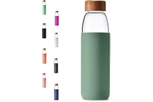 veegoal 25 Oz Borosilicate Glass Water Bottles with Bamboo Lid, BPA-FREE, Non-Slip Silicone Sleeve, and Stainless Steel Leak Proof Lid - Reusable Glass Bottle for Men and Women