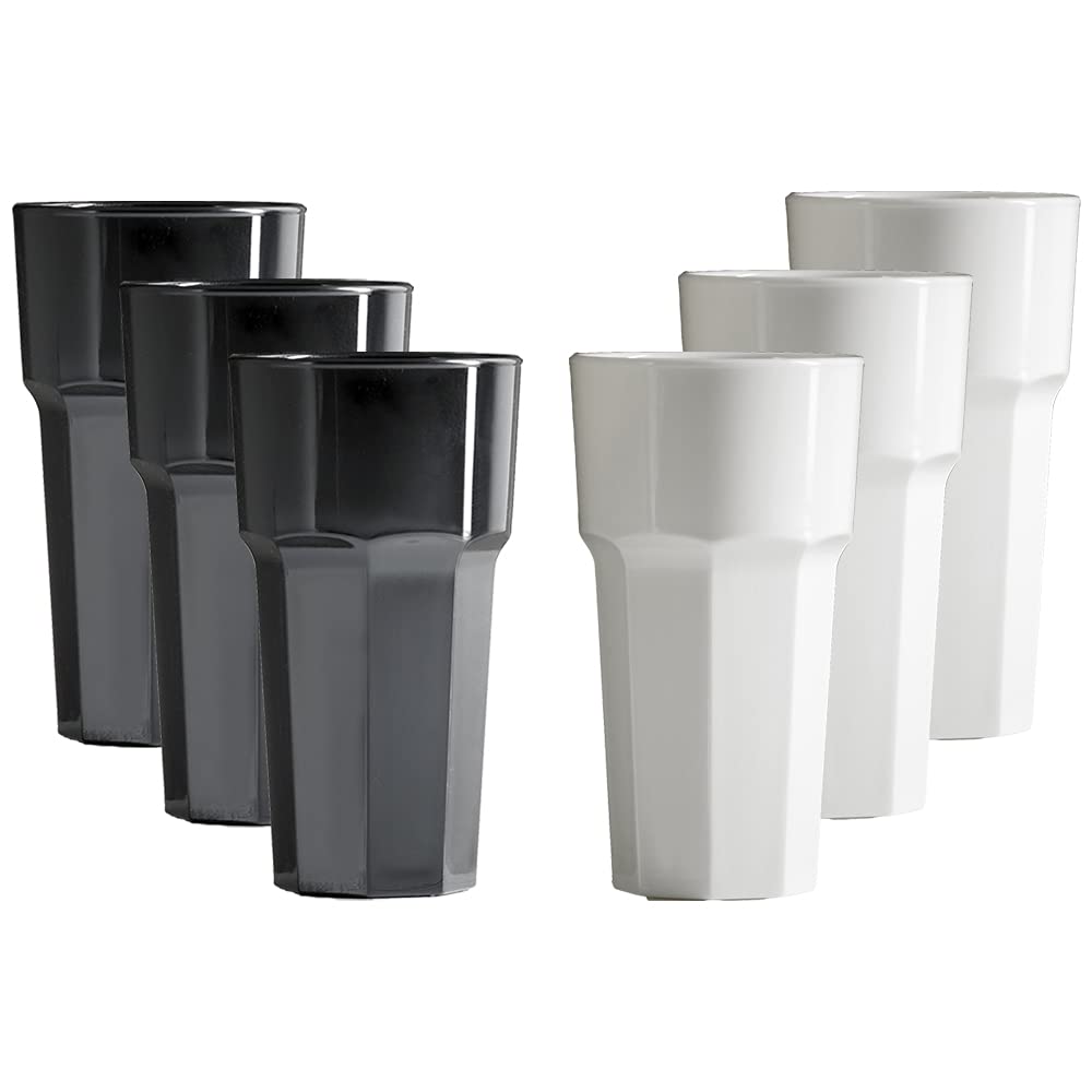 Virtually Glass Mixed Set of Black and White Unbreakable Reusable Polycarbonate Plastic Octagon Shaped 12 OZ Tumblers. (6)